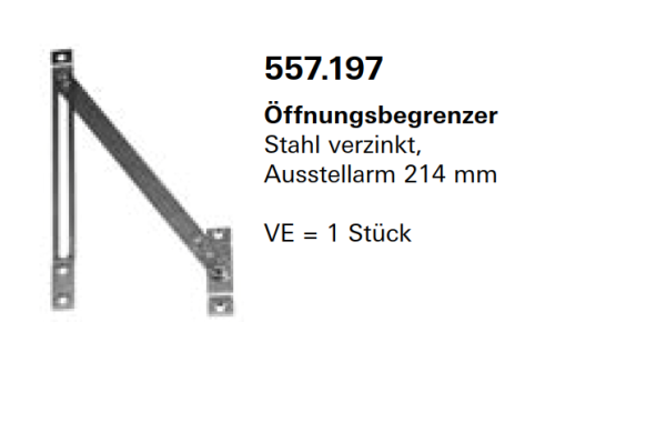 Jansen Janisol Arte 2.0 Öffnungsbegrenzer, Ausstellarm 214 mm, Kippfenster, für Kippflügel, Artikel Nr.557.197