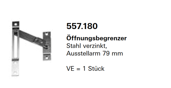Jansen Janisol Arte 2.0 Öffnungsbegrenzer, Ausstellarm 79 mm, Kippfenster, für Kippflügel, Artikel Nr.557.180