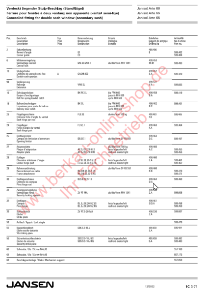 JansenJanisol Arte 66,Verdeckt liegender Stulp-Beschlag (Standflügel), Zwangsverriegelung, Artikel Nummer 599.608