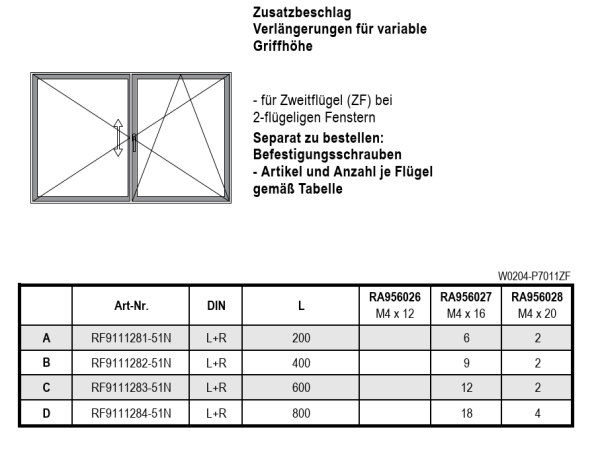 Jansen, Zusatzbeschlag Verlängerungen für variable Griffhöhe, ZF,  L=200 mm, Euronut, Artikel Nr.  RF9111281-51N, 30058701
