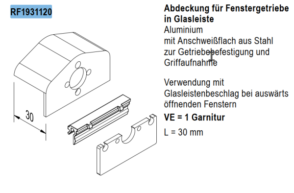 Jansen rp fineline 70W, Abdeckung für Fenstergetriebe in Glasleiste Aluminium, Glasleistenbeschlag, L=30 mm, Artikel Nummer RF1931120