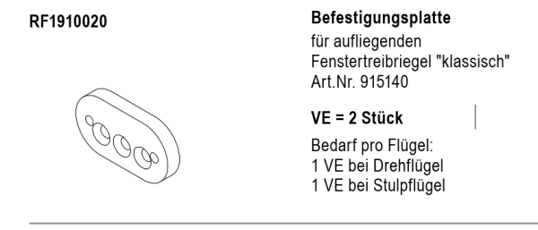 Jansen rp fineline 70W, Befestigungsplatte für aufliegenden Fenstertreibriegel klassisch Art.Nr. 915140, Art.Nr.193360, Artikel Nummer RF1910020
