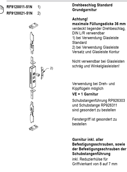 Jansen rp fineline 70W, Drehbeschlag Standard Grundgarnitur, Fensterbeschlag verdeckt liegend, Artikel Nummer RF9120011-51N