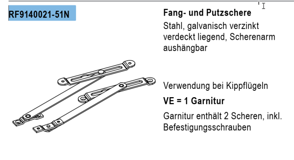 Jansen rp fineline 70W, Fang und Putzschere Stahl, galvanisch verzinkt verdeckt liegend, Scherenarm aushängbar, Artikel Nummer RF9140021-51N