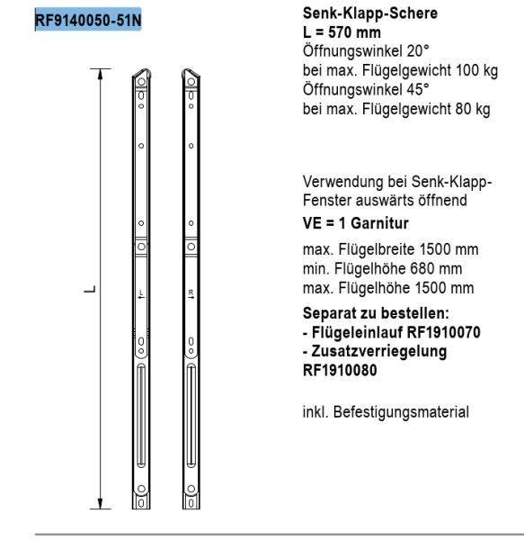 Jansen rp fineline 70W, Senk-Klapp-Schere L = 570 mm Öffnungswinkel 20° bei max. Flügelgewicht 100 kg, Artikel Nummer RF9140050-51N