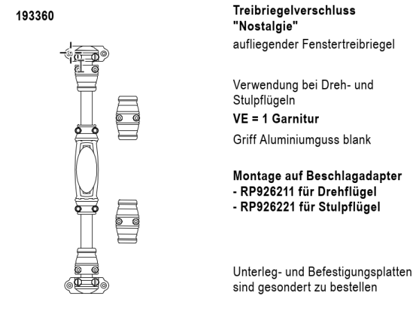 Jansen rp fineline 70W, Treibriegelverschluss "Nostalgie" aufliegender Fenstertreibriegel Artikel Nummer 193360