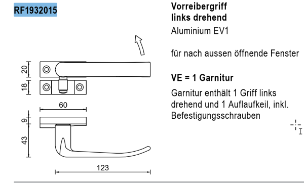 Jansen rp fineline 70W, Vorreibergriff links drehend Aluminium EV1, Artikel Nummer RF1932015