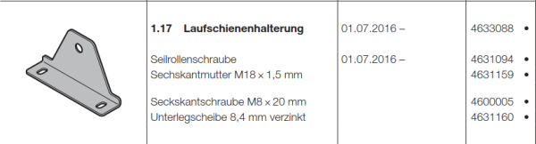 Hörmann Laufschienenhalterung, Doppelgaragen Schwingtor N 500, 4633088