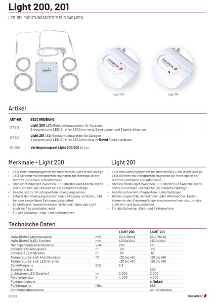 Marantec Verlängerungsset Light 200 | Light 201 2x 4 m LED-Beleuchtungssystem für Garagen, 184092