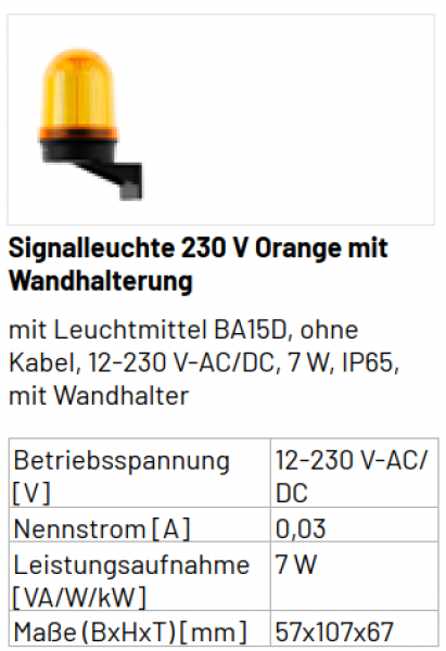 Marantec Signalleuchte, 230V, Orange, mit Wandhalterung