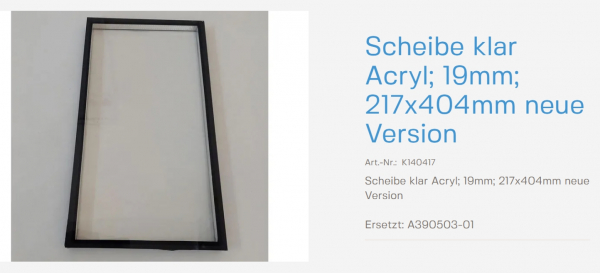 Normstahl Scheibe klar Acryl. 19 mm x 217 mm x 404 mm neue Version , K1440417, A390503-01