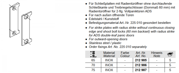 Schüco ADS Falleneinlaufteil ohne Profil-Kantenschutz, 212985, für Schließplatten mit E-Öffner