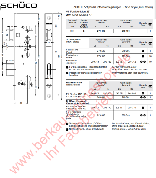 Schüco ADS HD Antipanik Einfachverriegelung, 279 498, nach außen RS / LS, Dornmaß 34,0 mm, mit Panikfunktion E