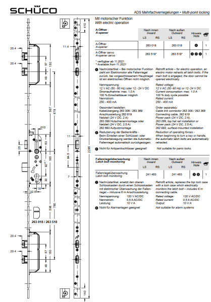 Schüco ADS Mehrfachverriegelungen, 5 Riegel-Fallenschloss „SafeMatic“, RC2, Dornmaß 32,5  mm, 241353, RS nach innen