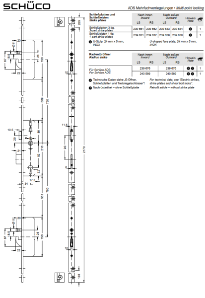 Schüco ADS Mehrfachverriegelungen, Schwenkhaken-Bolzenschloss mit Sicherungsbügel, RC3, Dornmaß 34,0 mm, 241403, LS, nach innen