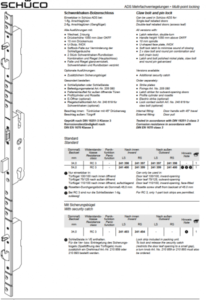 Schüco ADS Mehrfachverriegelungen, Schwenkhaken-Bolzenschloss, RC3, Dornmaß 34,0 mm, 241398, LS, nach außen