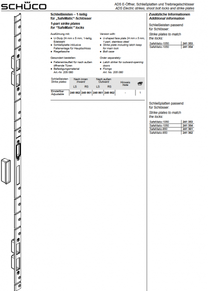 Schüco ADS Schließleiste -1-teilig für „SafeMatic“-Schlösser, 240862, RS nach außen, einstellbar