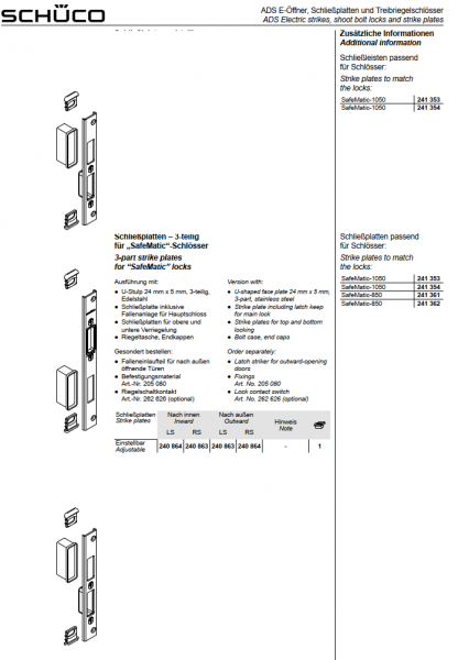 Schüco ADS Schließplatten – 3-teilig für „SafeMatic“-Schlösser, 240864, LS nach innen, Einstellbar