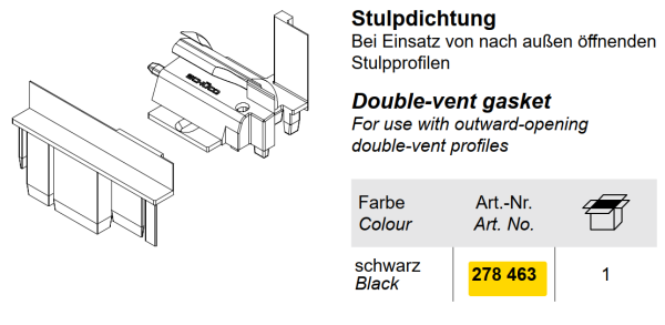Schüco AWS 75.SI Stulpdichtung, schwarz, Bei Einsatz von nach außen öffnenden Stulpprofilen, 278463, 278 463