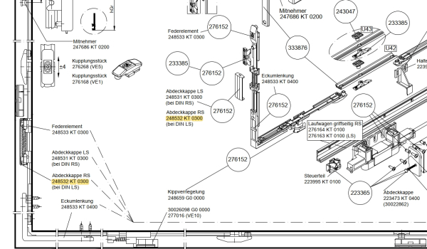 Schüco Komplettbeschlag PASK a 130kg RS iw, 248532 KT 0300 RS LS, für PASK