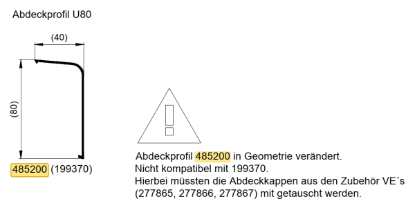 Schüco Abdeckprofil 80, 485200, 199370, für PASK 150 kg 1,000 Meter