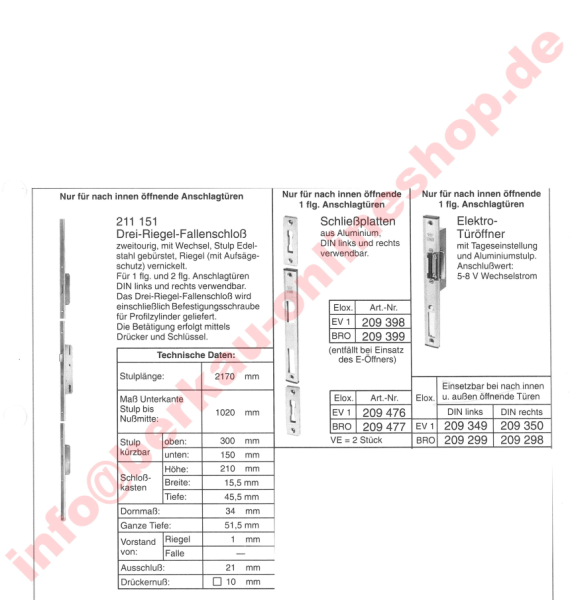 Schüco Drei-Riegel-Fallenschloss, 211151, alte Nr. 211390, Dornmaß 34 mm, System Iskotherm