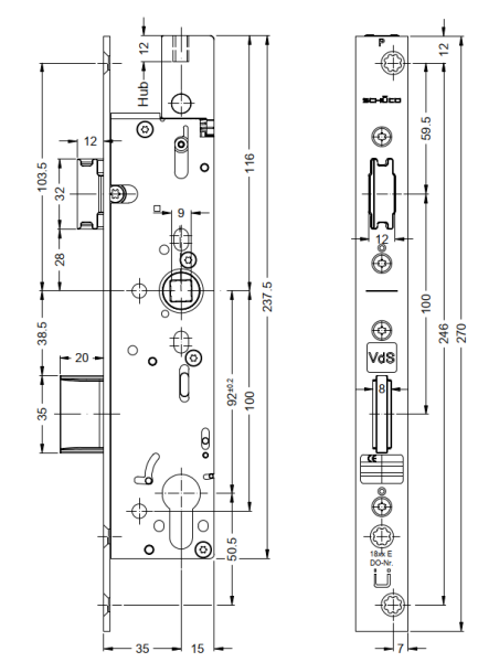 Schüco Antipanik Riegel-Fallenschloss mit oberer Verriegelung, 241 969, ADS, nach außen LS, mit Panikfunktion E