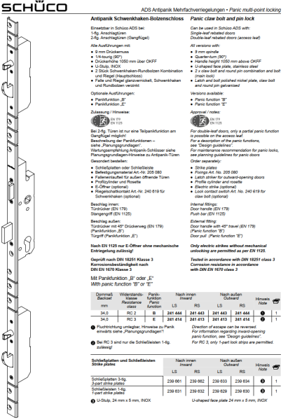 Schüco Antipanik Schwenkhaken-Bolzenschloss, Mehrfachverriegelung, 241 444, nach außen RS, Dornmaß 34,0 mm, Panikfunktion E