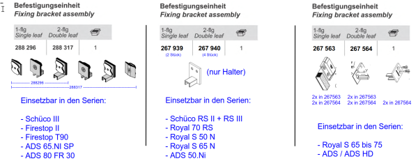 Schüco Befestigungseinheiten, 288296, 288317, 267939, 267940, 267563, 267564