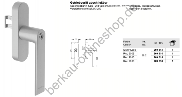 Schüco Getriebegriff Standard abschließbar, 269515, RAL9016 (Verkehrsweiß), 269516