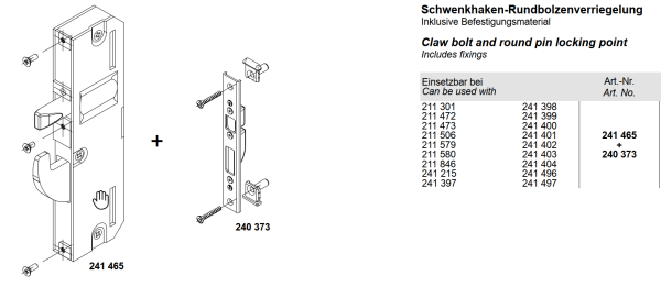 Schüco Hauptschlosskasten Schwenkriegel-Rundbolzenverriegelung, 241465 für Mehrfachverriegelung, 241215
