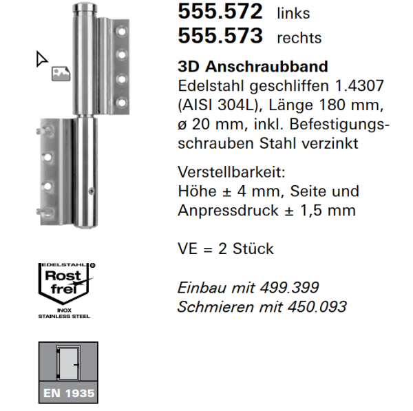 Schüco Jansen 3D Anschraubband  Edelstahl geschliffen 1.4307, Länge 180 mm, Artikelnummer 555.572 links, Janisol Türen