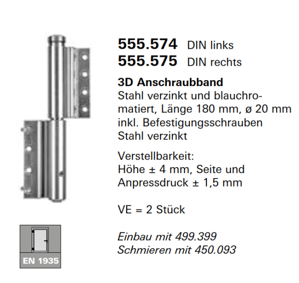 Schüco Jansen 3D-Anschraubband Stahl verzinkt, Länge 180 mm, ø 20 mm, Artikelnummer 555.575, DIN rechts