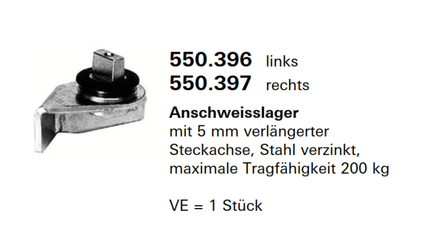 Schüco Jansen Anschweisslager mit 5 mm verlängerter Steckachse, Stahl verzinkt, Artikelnummer 550.396 links