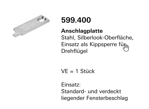 Schüco Jansen-Economy 50 Fenster, Anschlagplatte Stahl, Silberlook-Oberfläche, Artikelnummer, 599.400, Beschläge