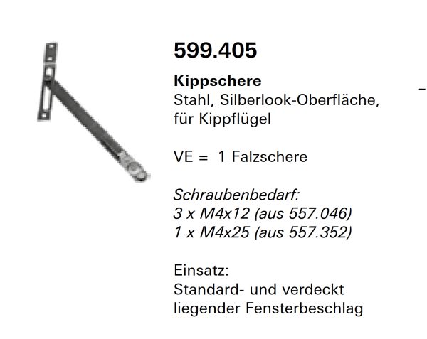 Schüco Jansen-Economy 50 Fenster, Kippschere Stahl, Artikelnummer 599.405, Beschläge