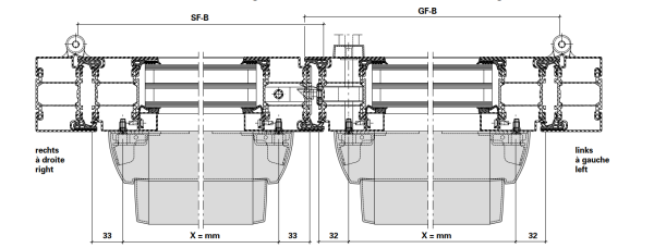 Schüco Jansen Edelstahl-Panik-Druckstange matt geschliffen, FFB 1221, Artikelnummer 555.699, Janisol HI Türen , Maßzeichnung