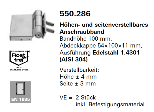 Schüco Jansen Höhen- und seitenverstellbares Anschraubband, Ausführung Edelstahl, Bandhöhe 100 mm, Artikelnummer 550.286
