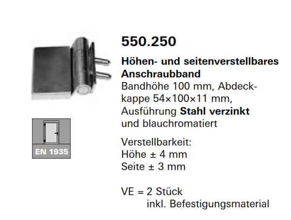 Schüco Jansen Höhen- und seitenverstellbares Anschraubband, Bandhöhe 100 mm, Artikelnummer 550.250