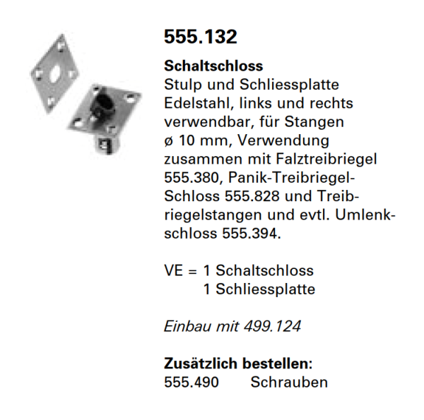 Schüco Jansen Janisol 2 EI30, Schaltschloss Stulp und Schliessplatte Edelstahl, links und rechts verwendbar, Artikelnummer 555.132