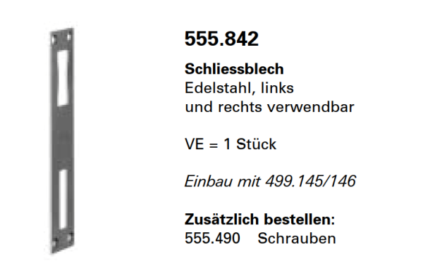 Schüco Jansen Janisol 2 EI30, Schliessblech Edelstahl, links und rechts verwendbar, Artikelnummer 555.842