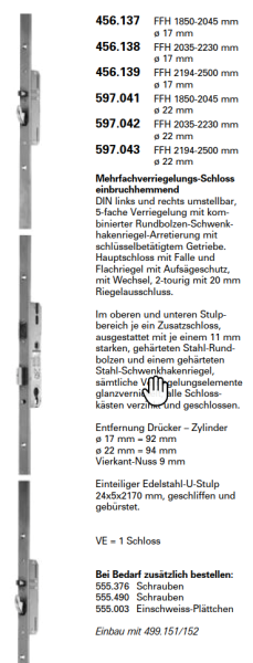 Schüco Jansen Janisol 2 EI30 WK3/RC3, Mehrfachverriegelungs-Schloss einbruchhemmend, 456.139, FFH 2194-2500 mm ø 17 mm
