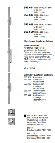 Schüco Jansen Janisol HI Türen, Mehrfachverriegelungs-Schloss Panik-Funktion E, Artikelnummer 555.620, FFH 2286 mm ø 17mm