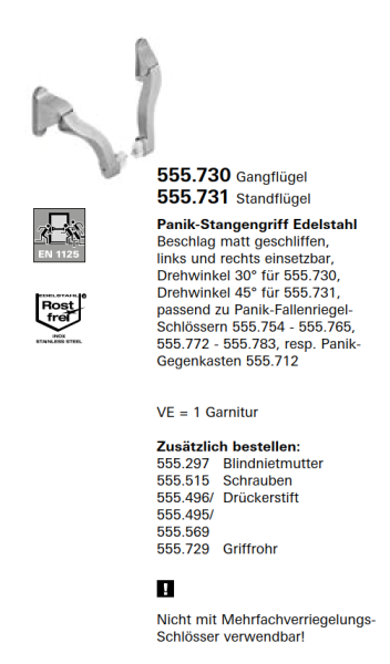 Schüco Jansen Panik-Stangengriff Edelstahl Beschlag matt geschliffen, Artikelnummer 555.730, links und rechts einsetzbar