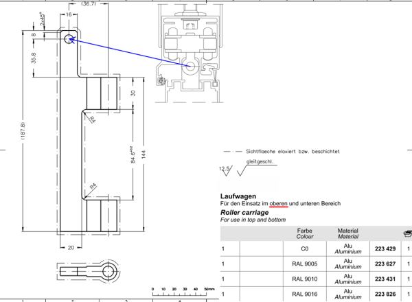 Schüco Laufwagenband-Set RAL 9016, ASS 50 FD.NI, Artikelnummer, 223826, für oben und unten