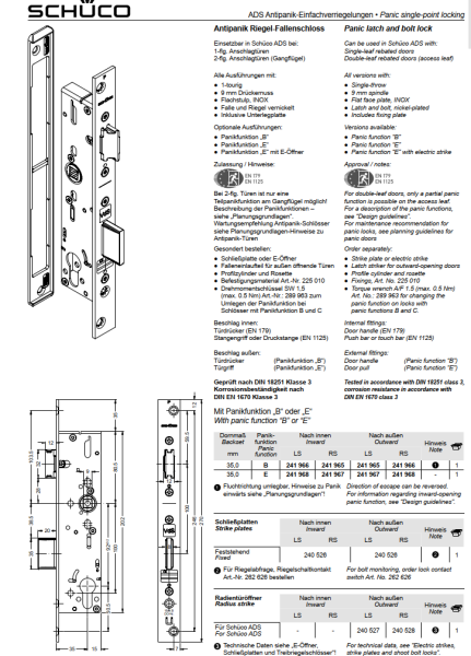 Schüco Riegel-Fallenschloss Antipanik, 241 968, ADS, nach außen RS, mit Panikfunktion E