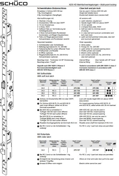 Schüco Schwenkhaken-Bolzenschloss, 279 396 , RS/LS, ADS HD Mehrfachverriegelungen​
