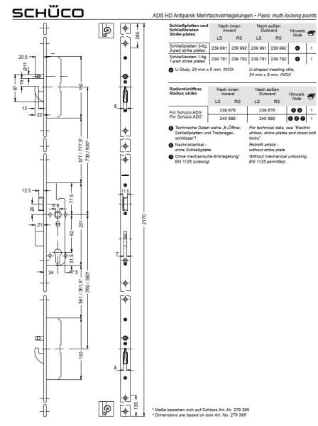 Schüco Schwenkriegel-Bolzenschloss, Mehrfachverriegelung, 241773, Dornmaß 34,0 mm, Antipanik B