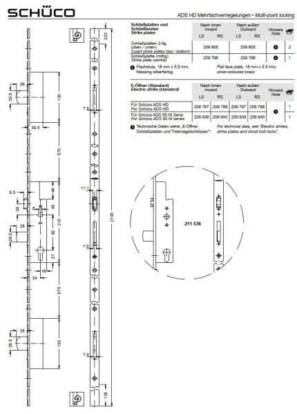 Schüco Schwenkriegel-Schloss, 211 397, RS/LS, ADS HD Mehrfachverriegelungen​