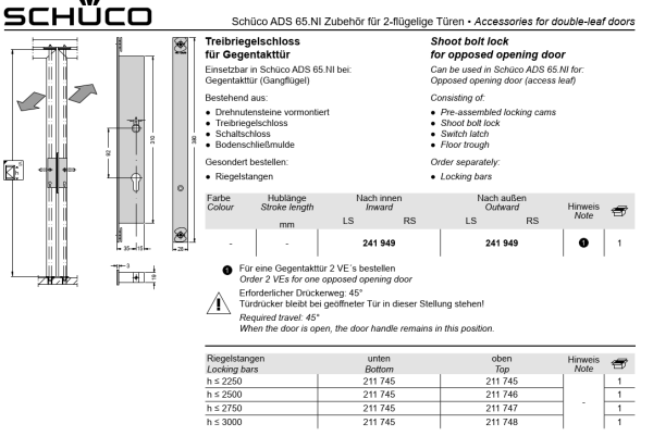 Schüco Treibriegelschloss für Gegentakttür, INOX, 241 949, ADS 65.NI Zubehör